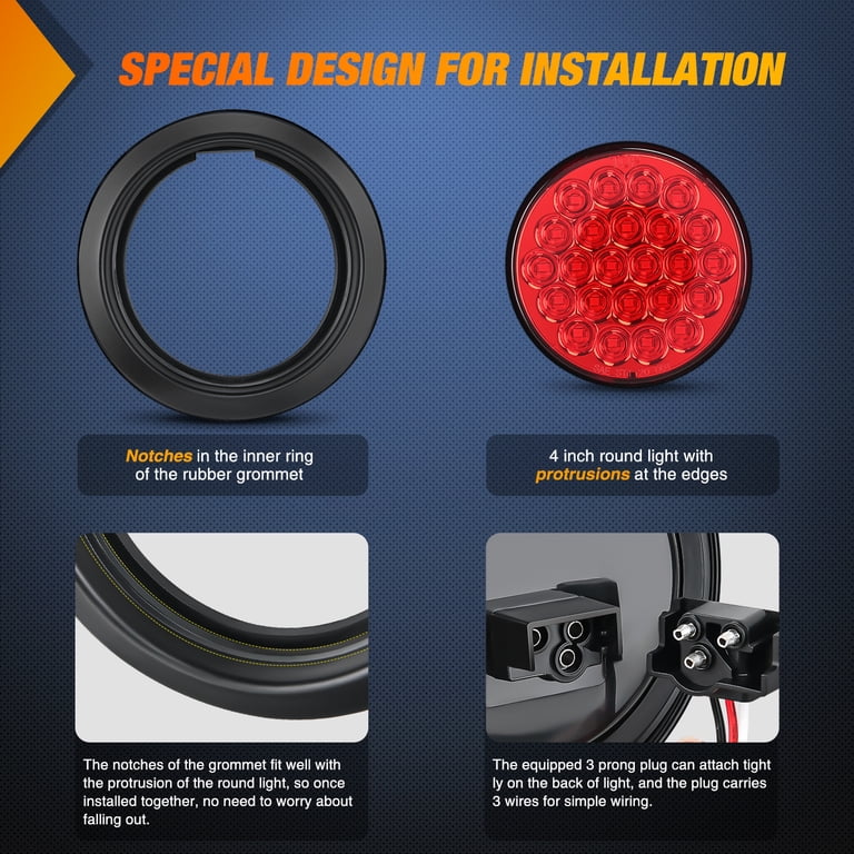 4-Piece 4 Inch Round LED Trailer Tail Lights - Red, 12 LED, Waterproof, Stop/Turn/Tail Lights With Grommet