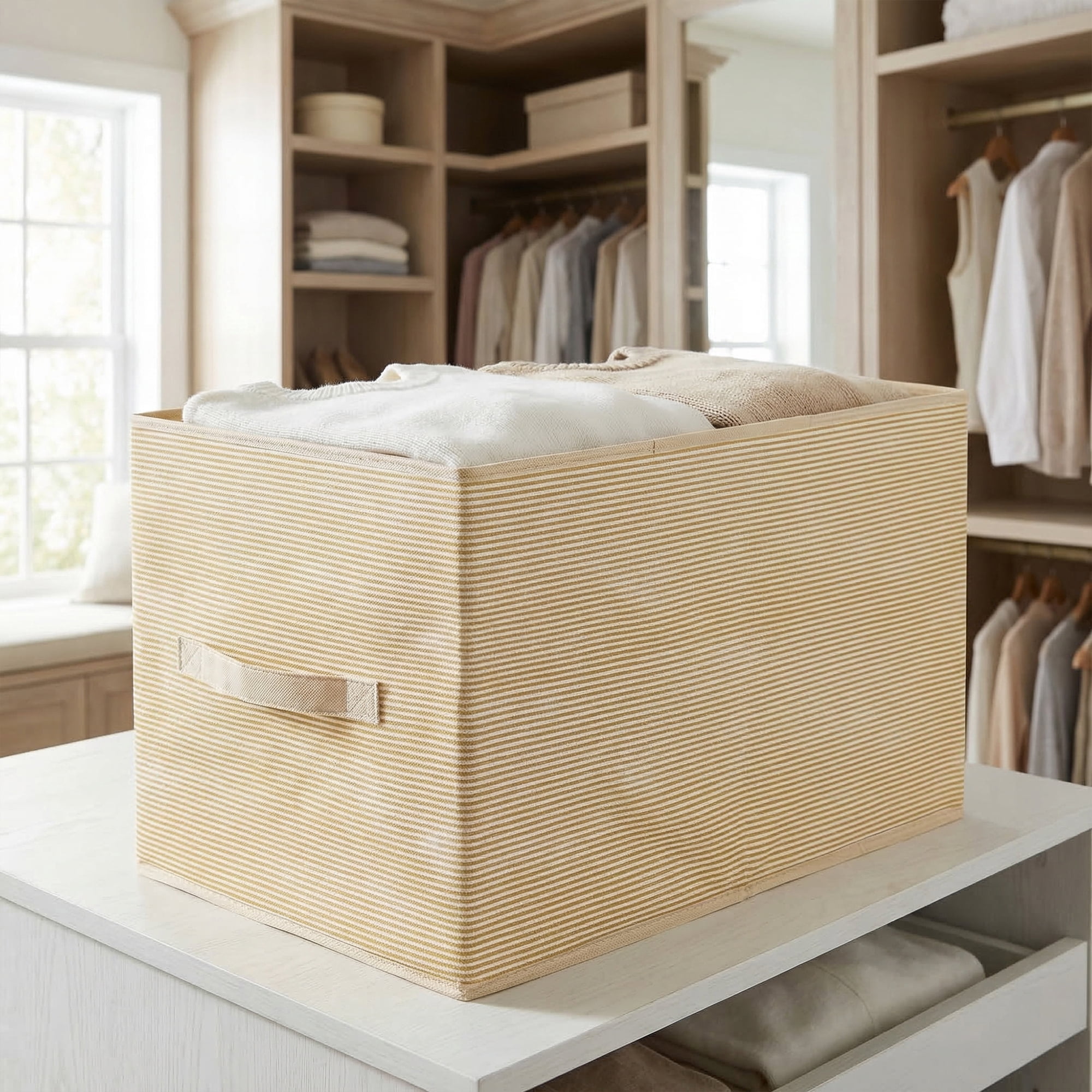 Unique Bargains 3pcs Fabric Storage Bin with Stripe Beige 19.7*13.8*12.6in
