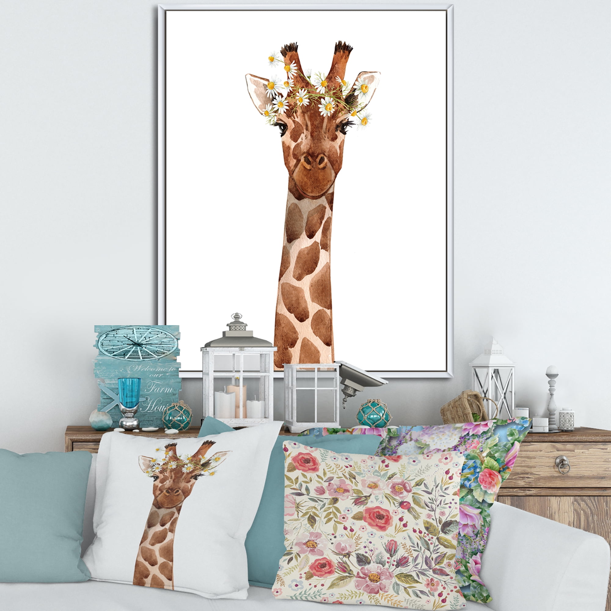 Designart 'Portrait of A Giraffe With White Flowers' Farmhouse Framed Canvas Wall Art Print