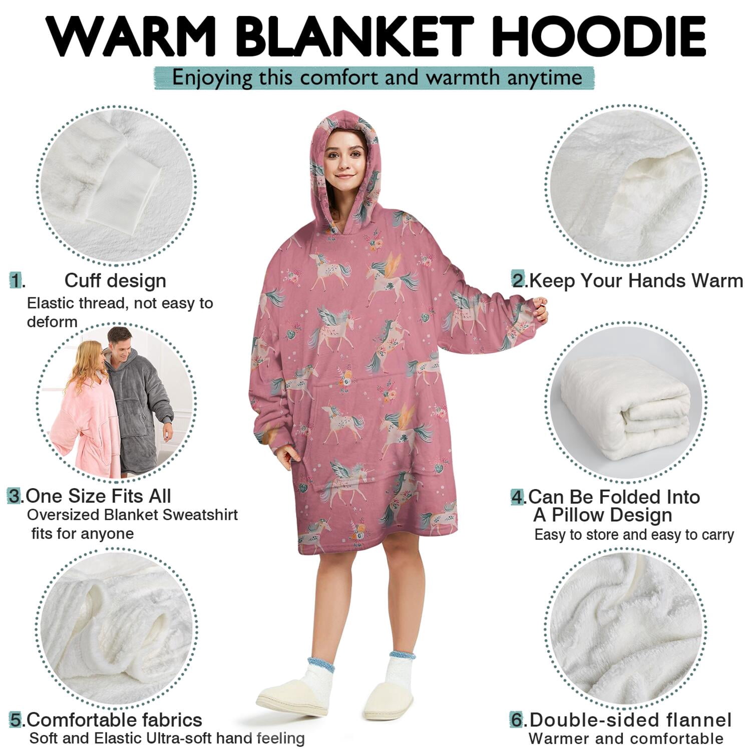 Wearable Oversized Blanket,Pink Unicorn Floral Pattern Wearable Blanket Hoodie for Adults,Cozy Hooded Blankets with Super Pockets,Super Warm Fuzzy Pullover for Women & Men