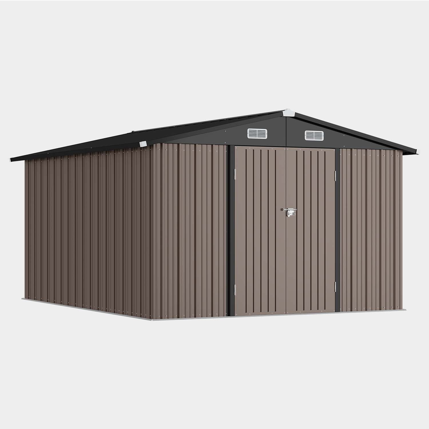 BaPiPro 10x12 ft Metal Storage Shed with Double Lockable Doors, Outdoor Storage Garden Tool Shed Bicycle Shed for Patio Backyard, Brown