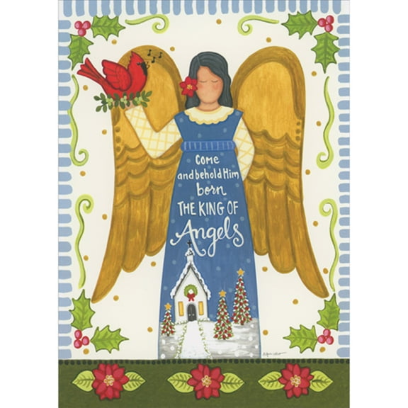 LPG Greetings Angel in Blue with Gold Wings Holding Cardinal: Come and Behold Him Box of 18 Religious Christmas Cards