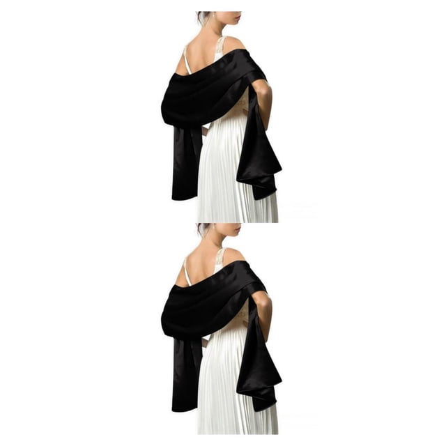Qarigey Ceremonia de boda Bola de baile Mujeres Satén Chal Niñas Fiesta de noche Baile de graduación Bufanda decorativa elegante Diseño Negro 2piezas