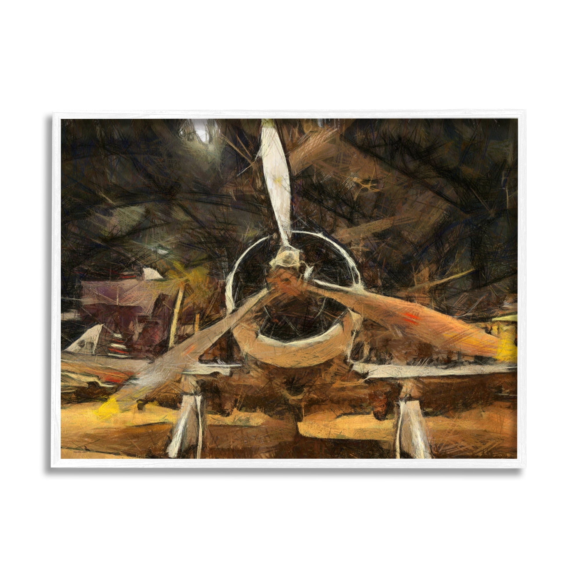 Stupell Industries Abstract Jet Plane Propeller Aircraft Hanger Scene Paintings White Framed Art Print Wall Art, 20x16, by Daniel Sproul