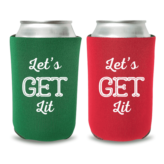 Christmas Can Coolers, Let's Get Lit Coolies, Funny Christmas Coolies, Christmas Party Favors and Gifts (2Pack (1 Green and 1 Red))