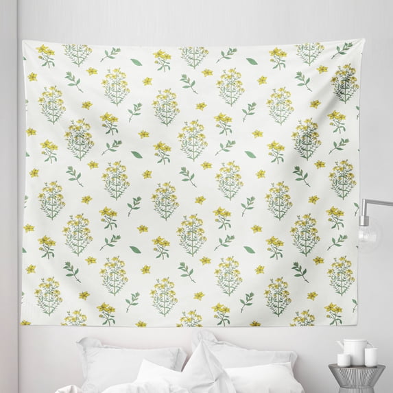 Botanical Tapestry, Remedy Concept Healing Wildflowers and Herbs Pattern, Fabric Wall Hanging Decor for Bedroom Living Room Dorm, 5 Sizes, Reseda Green Yellow, by Ambesonne