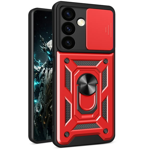 CSmaller for Samsung Galaxy S24 Case with Slide Camera Cover for Men, Military Grade Drop Proof Phone Cover with Rotate Ring Kickstand Lens Protection Case for Samsung Galaxy S24 SJ Red