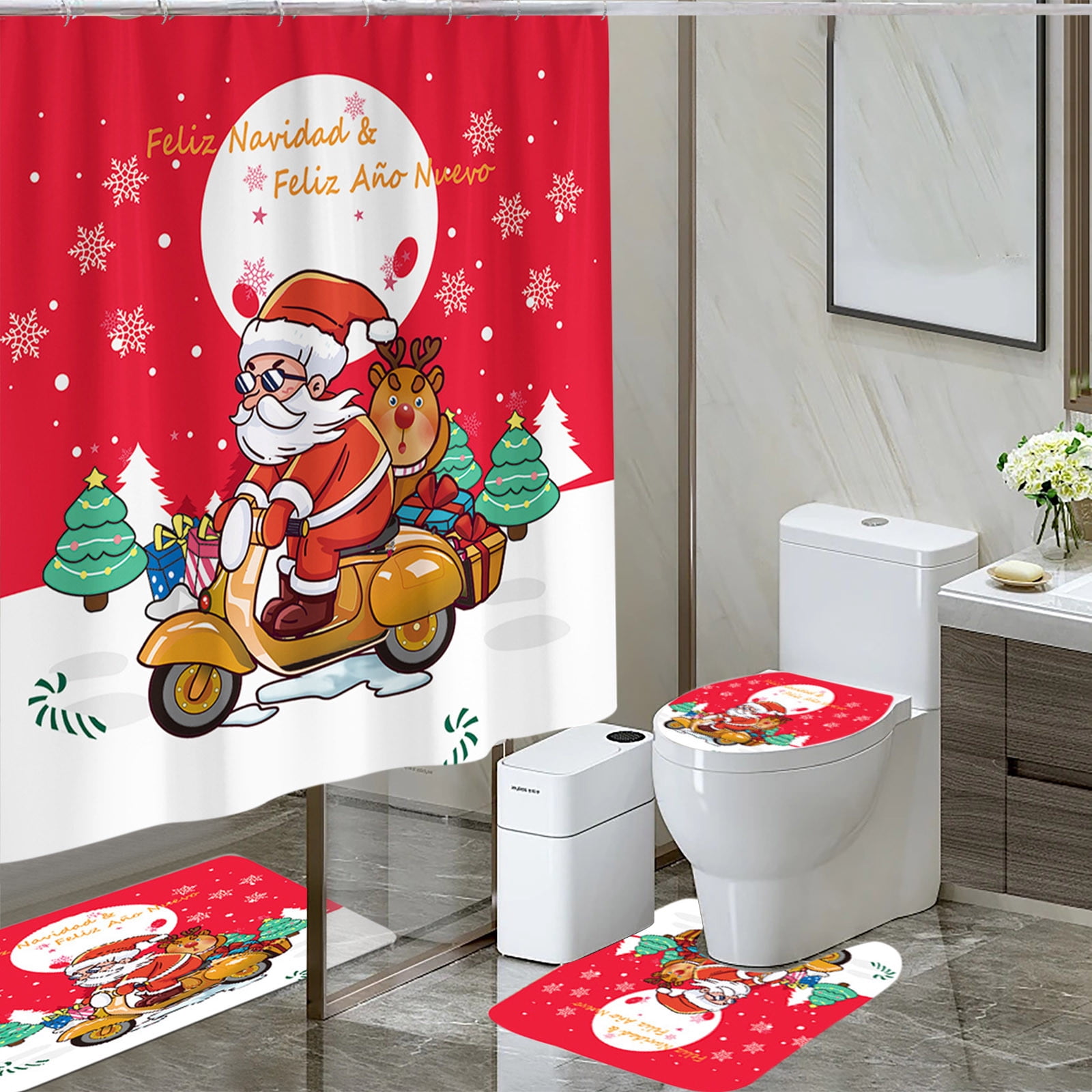 Tyidzon 4Pcs Christmas Shower Curtain Set with Non-Slip Bathroom Rugs Toilet Lid Cover U-Shaped Mats for Home Bathroom Xmas Decor, Waterproof Shower Liner 71x71"