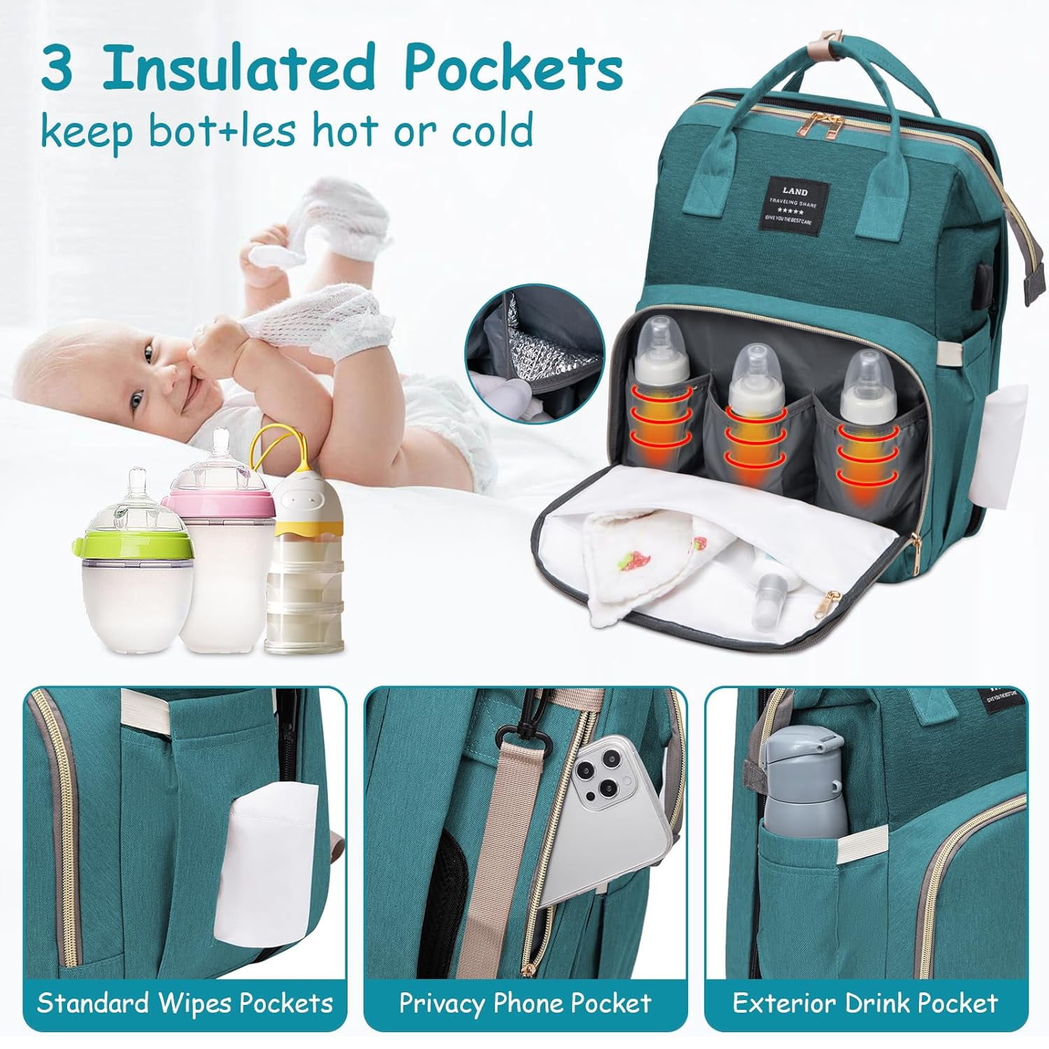 RSENFREMIOR Diaper Bag with Changing Station for Mom Dad, Large Capacity Travel Backpack with Stroller Straps ,3 in 1 Waterproof Foldable Changing Bag with Foldable Crib for Girls Boys