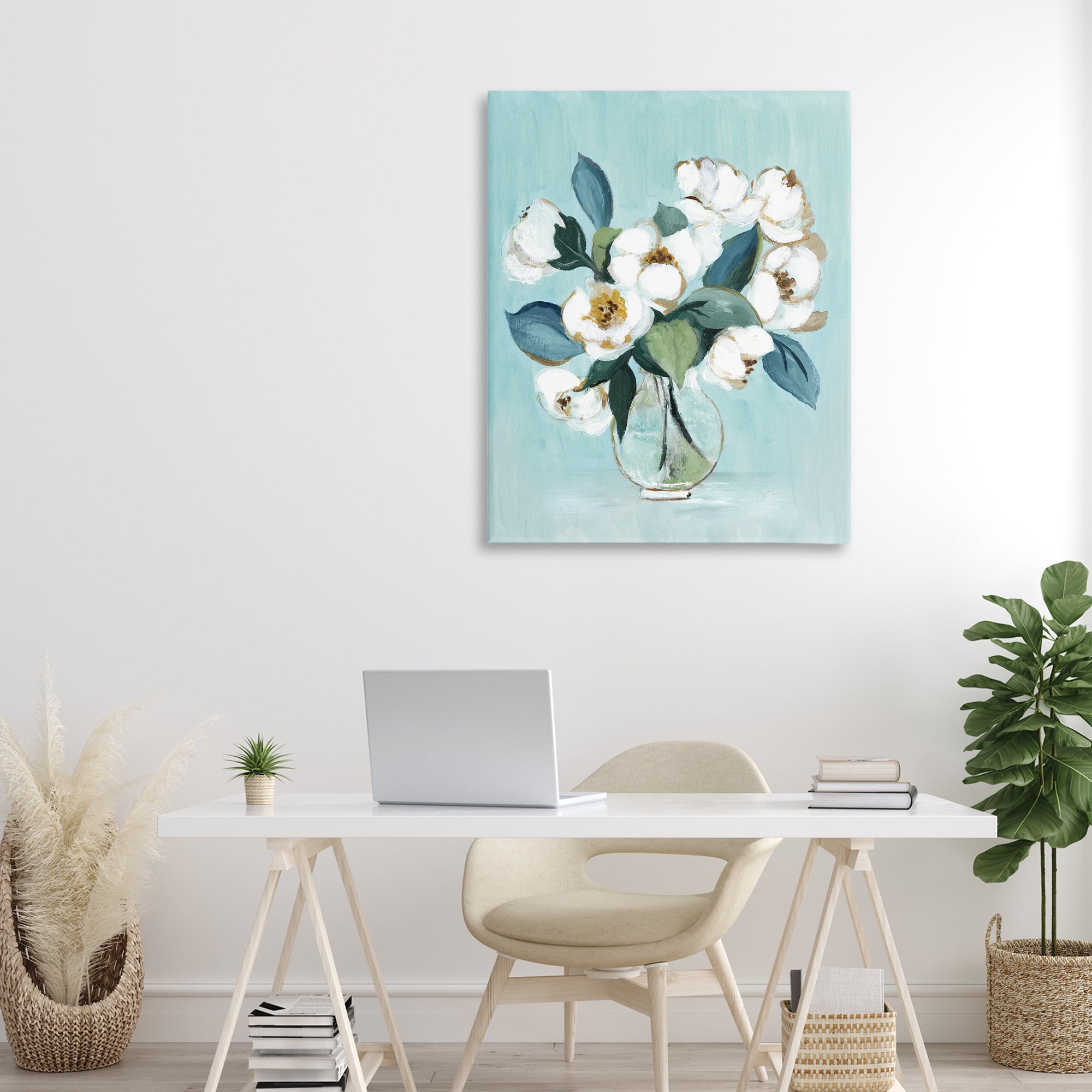 Stupell Industries Magnolia Arrangement over Blue Canvas Wall Art, design by Janet Tava