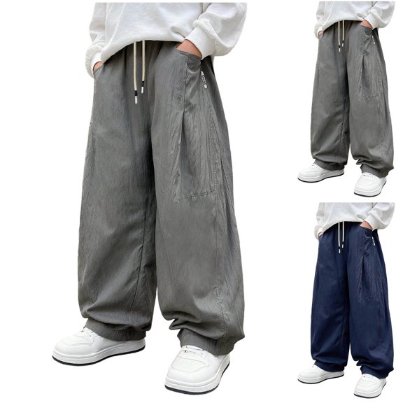 ZVAVZ Boys Lightweight Barrel Pants Casual Vacation Pants Solid Thin Baggy Pants Fashion Breathable Beach Pants Gray 9-10 Years