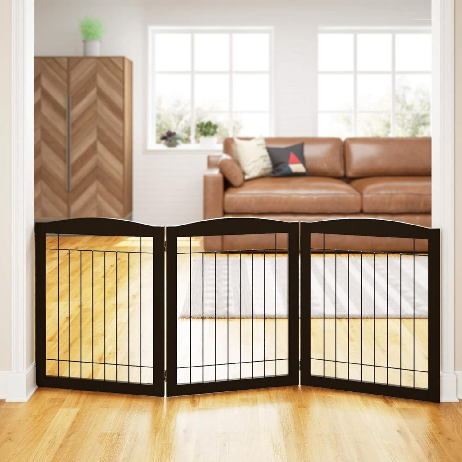 72” Extra Wide Dog Gate for The House, Doorway, Stairs, Freestanding Foldable Wire Pet Gate, Pet Puppy Safety Fence,30" Height (Espresso, 3 Panels)