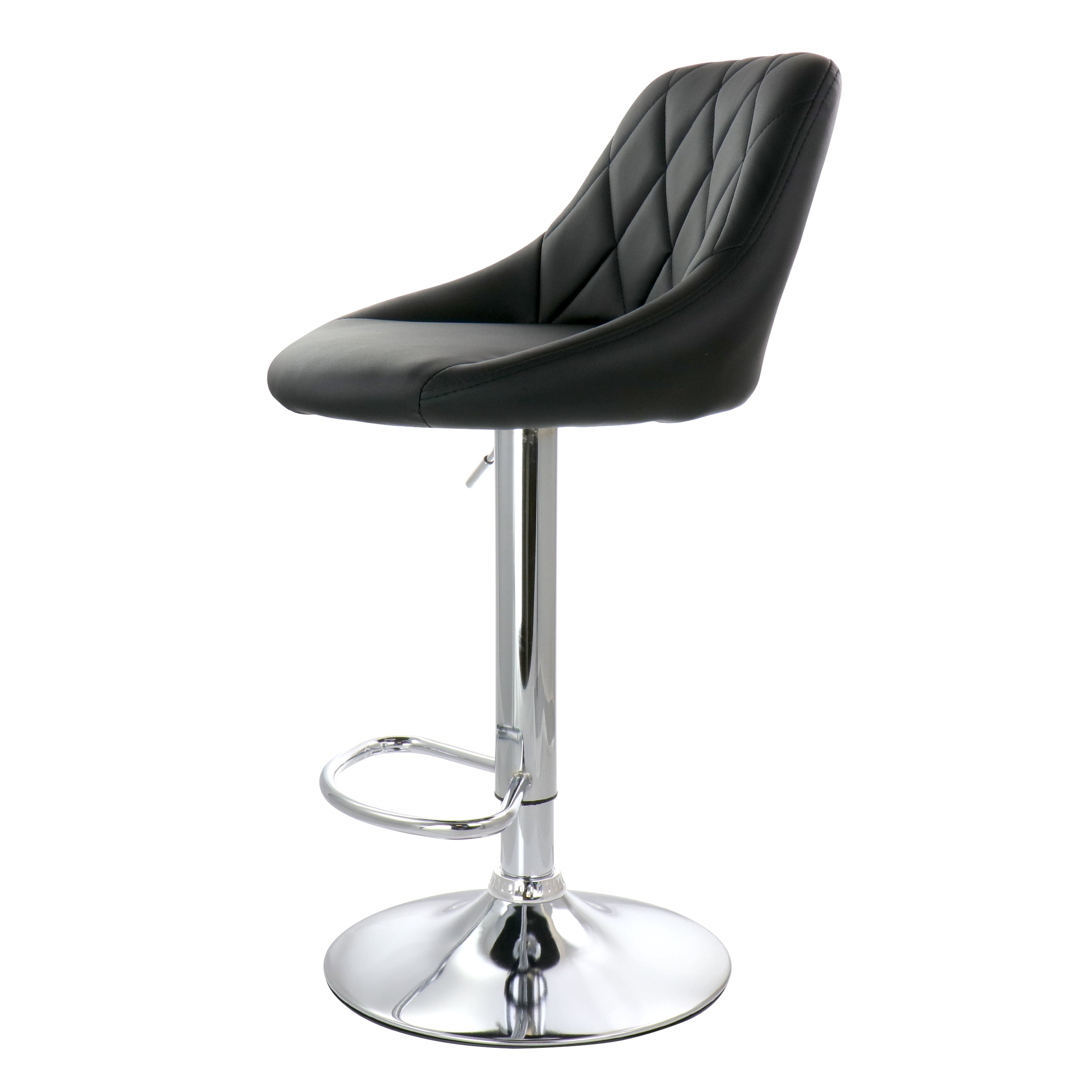 Elama 2 Piece Diamond Stitched Faux Leather Bar Stool in Black with Chrome Base and Adjustable Height