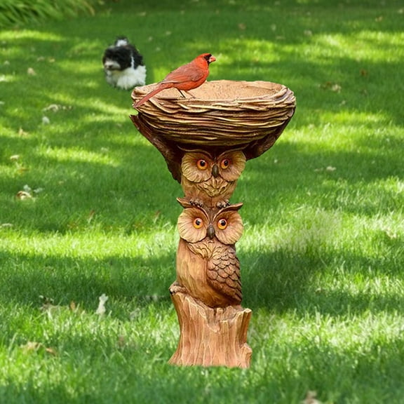 8.6” H Outdoor Garden Bird Bath with Owls, Polyresin Bird Bath Woodland Tree Trunk Decoration Yard Statue，Pedestal Birdbaths for Outdoors, Garden, Patio, Lawn, Backyard Clearance