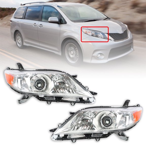 munirater Left & Right Chrome Housing Headlight Halogen Headlamp Assembly Replacement for 2011-2020 Sienna Driver and Passenger Side