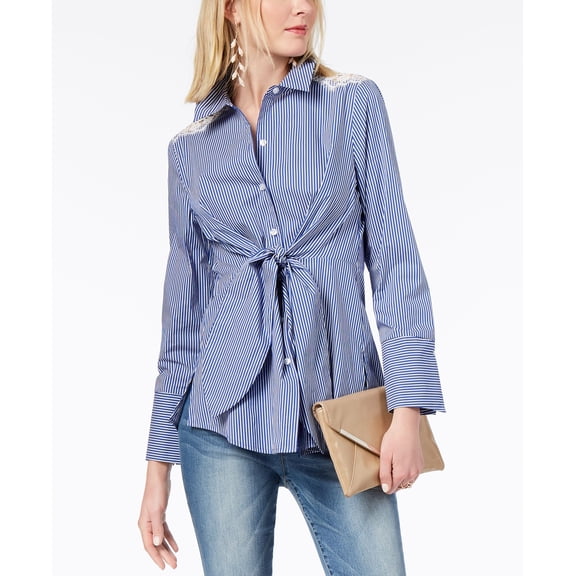 INC International Concepts Tie-Front Lace-Inset Shirt (Blue Stripe, XL)