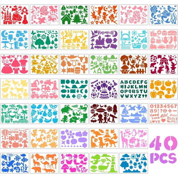 Sinekong 40 Pcs Drawing Stencils Kit for Kids, Plastic Painting Stencil Templates with 400  Images for Crafts Art Projects Girls Boys Gift