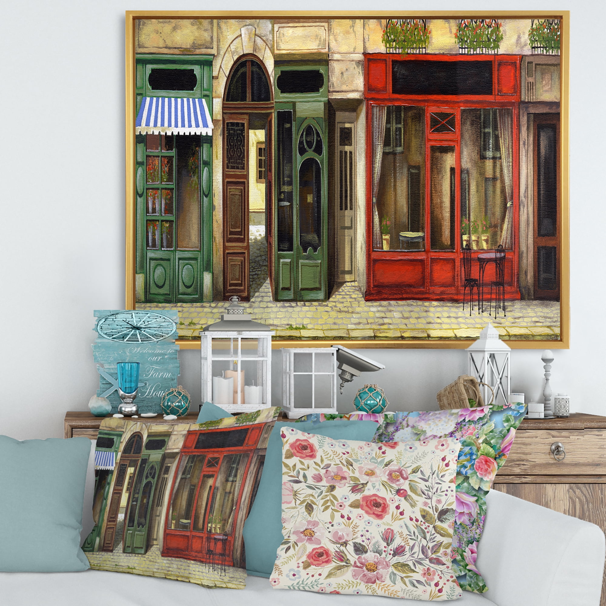 Designart 'Red Facade of Charming Shop In Paris Street II' French Country Framed Canvas Wall Art Print