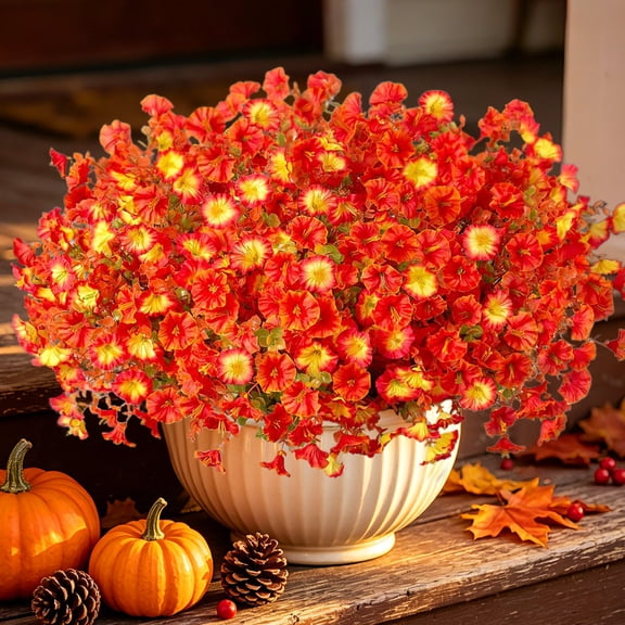 Lumikrypt 12 Bundles Artificial Fall Flowers, Faux Morning Glory with Eucalyptus Greenery, UV Resistant & Fade Resistant, Autumn Silk Flower for Indoor & Outdoor Garden Porch Decor