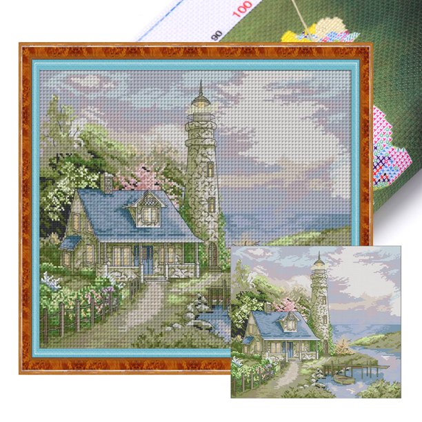 Hilo Algodón Ecológico Bordado Punto Cruz Impreso Faro 14CT 44x37cm