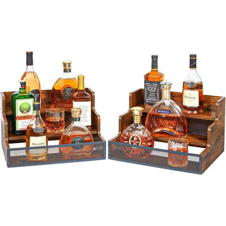 2 Pack 3 Step Countertop Liquor Bottle Display Shelf, Wood Bar Shelves 12 Bottles with Fences, Freestanding Storage Shelves for Liquor Whiskey Wine Coffee Syrup Display, Retro Wine Rack Home