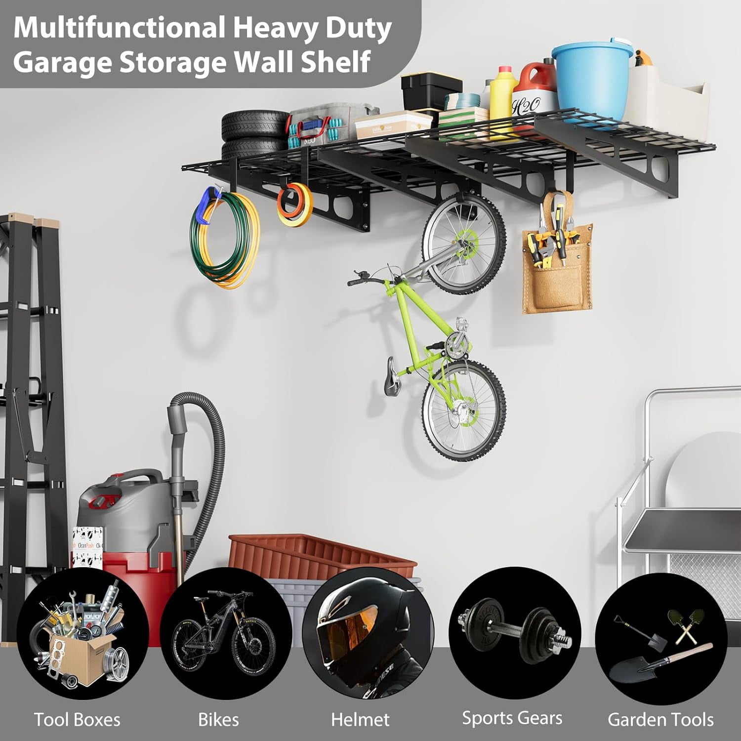2 Tier Garage Shelving Wall Mounted,Garage Wall Shelving Heavy Duty, Metal Wall Shelf,Sturdy Shelf for Wall Storage,Garage Storage Rack Floating Shelves For Kitchen Shop, Shed, Garage Storage