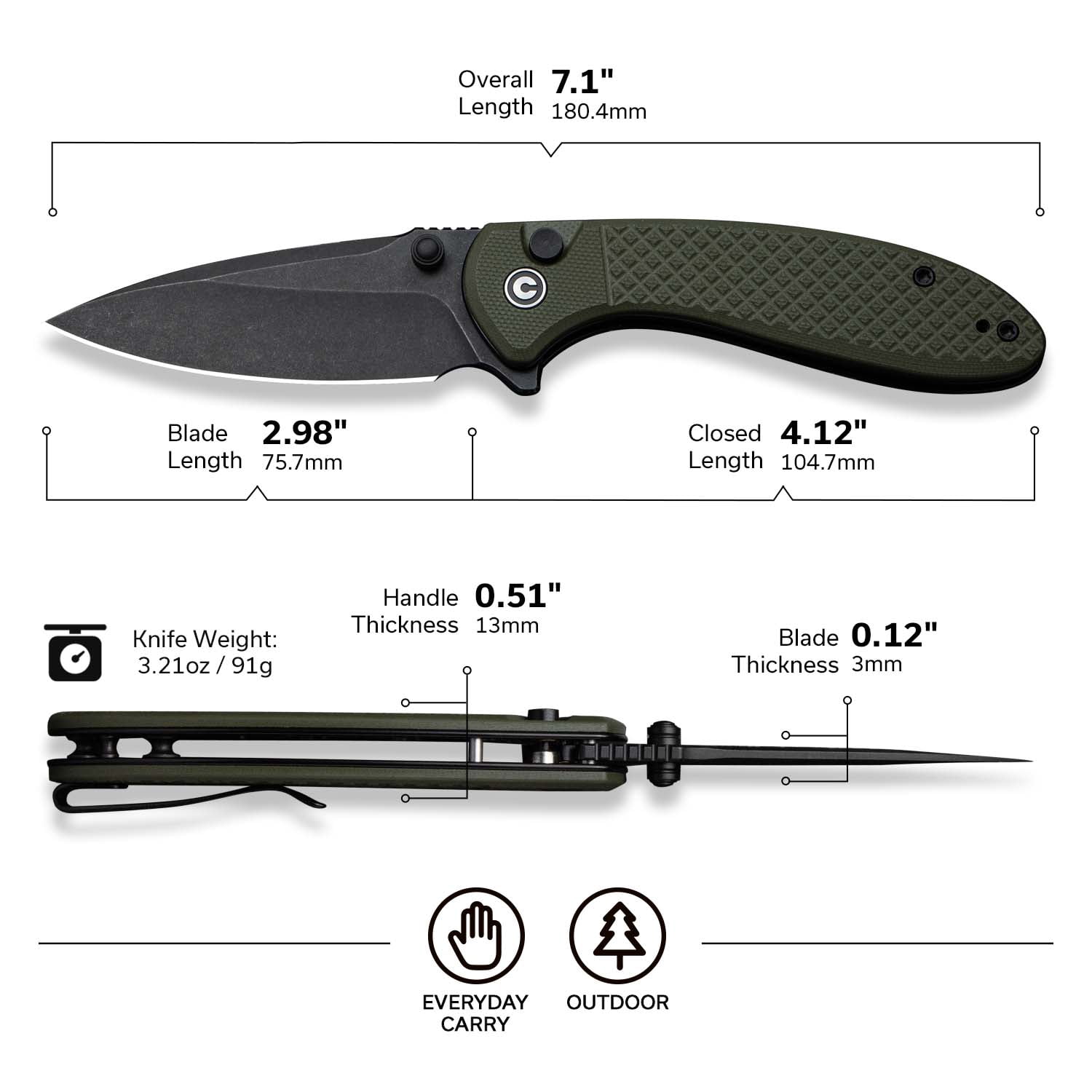 CIVIVI Faeger Pocket Folding Knife with 2.98" 14C28N Blade and Milled Neutral Blue G10 Handle C24031-2