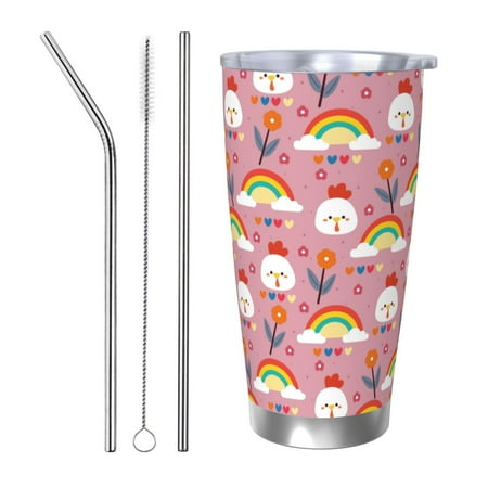 

Uemuo Cartoon Chicken Print Travel Coffee Mug 20oz Double-walled Car Cup Stainless Steel Insulated Tumbler Leak-proof Travel Cup Reusable Straw Car Cup-Straw Three-piece Set