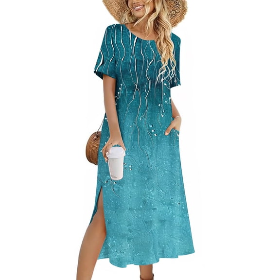 FDGIU Women's Floral Midi Dress - Summer Boho Short Sleeve Tiered Dress with Pockets for Beach Casual