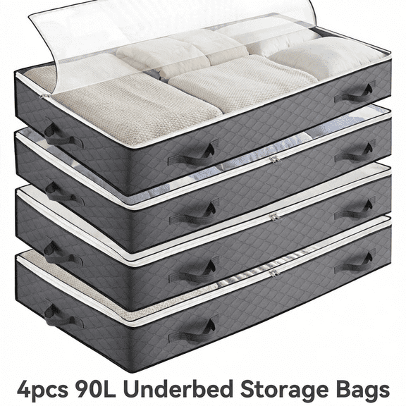 YIJ2 4Pcs 90L Under Bed Storage Containers,Collapsible Dorm Organizers and Storage,Closet Organizer for Toys, Clothing, Blanket, Comforter, Pillows, Breathable,Non-Woven Fabric,Gray