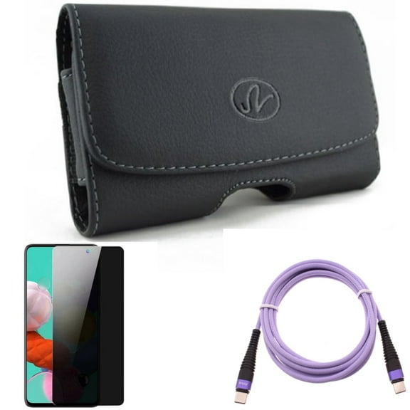 Privacy Screen Protector & Purple 10ft PD Cable & Case Belt Clip for Samsung Galaxy S20 Fan Edition - Tempered Glass Anti-Spy   Type-C to USB-C Fast Charger Cord   Leather Swivel Combo