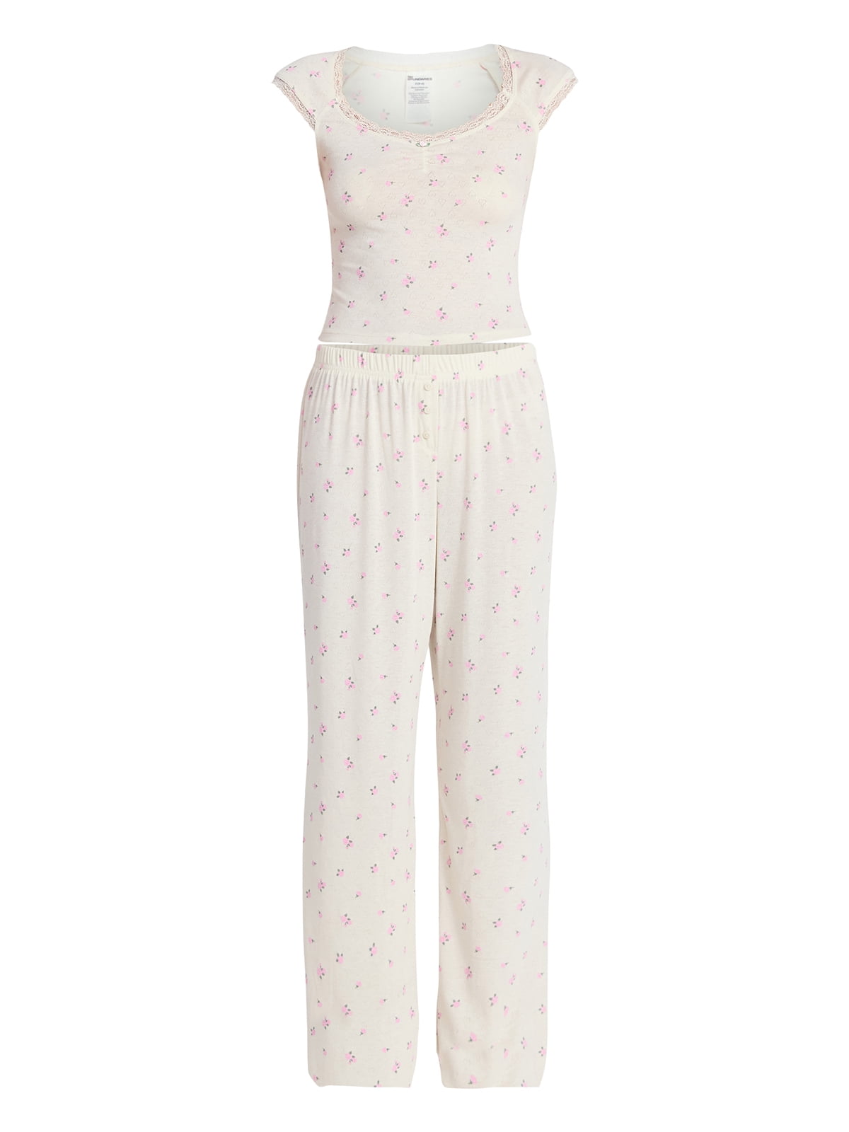 No Boundaries Sleep Pointelle Baby Tee and Pants Set, 2-Piece, Women’s XXS-3X