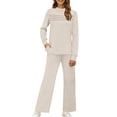 thumbnail image 2 of Dazajoo Women's 2 Piece Lounge Set Long Sleeve Pleated Front Top and Drawstring Pants with Pockets Beach Casual Solid Color Outdoor Suits,Beige,XL, 2 of 8
