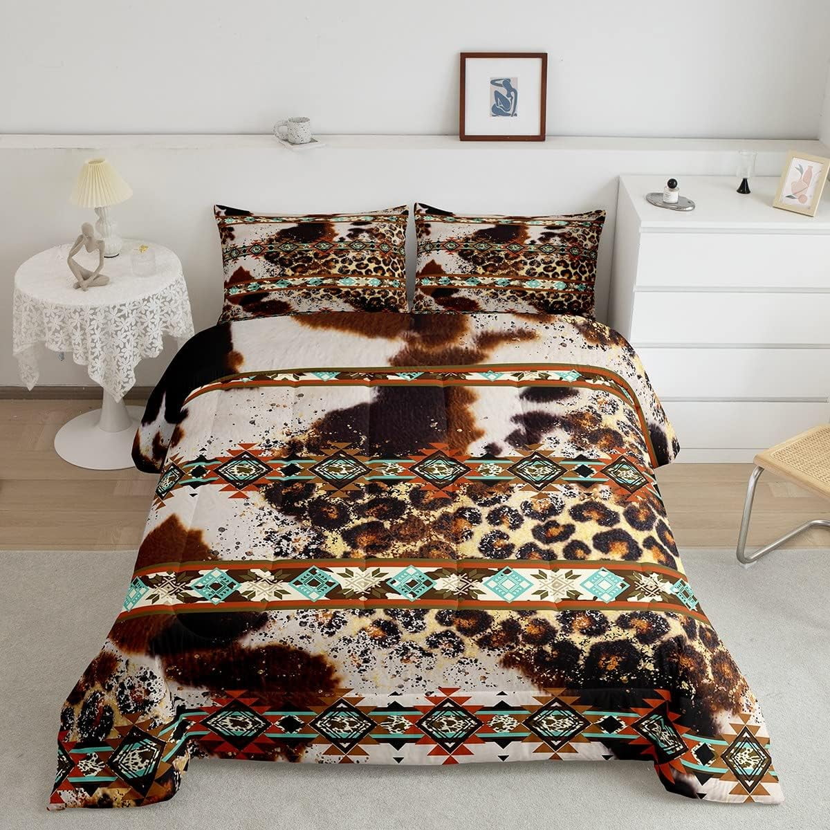 YST Cowhide Quilt Brown Leopard Print Queen Comforter Set,Western
