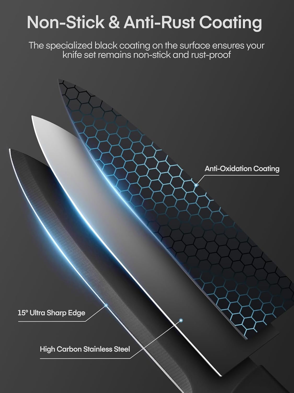 Knife Set 23 Pieces Kitchen Knife Set with Block and Built-in Sharpener High Carbon Stainless Steel Self-Sharpening Anti-Rust Coating Knife Block Set with Wooden Block, Black