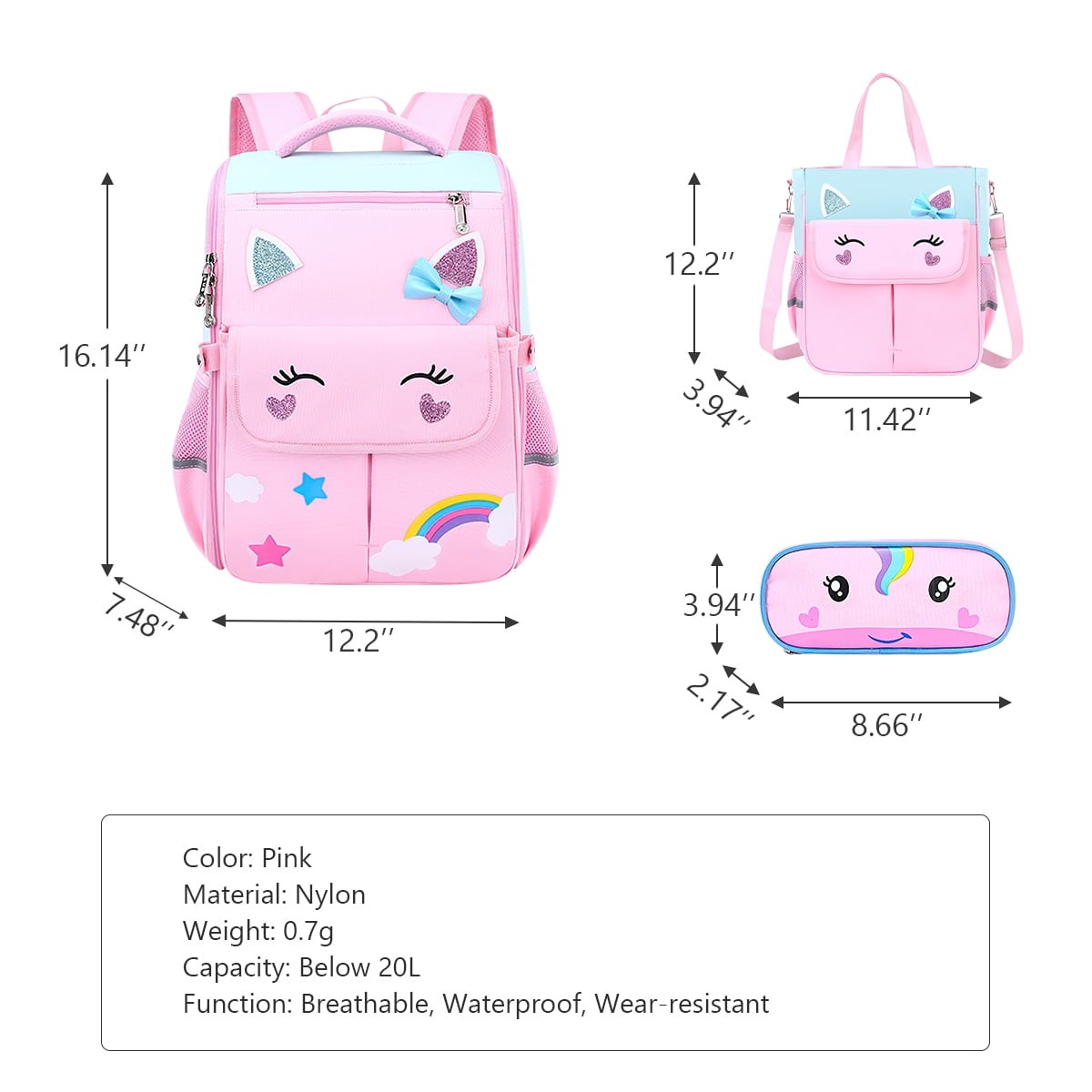 Kadyn 16.14" Girls Backpack, Elementary Bookbag with Lunch Bag and Pencil Bag, Unicorn Kids Backpack for Children, Pink Kadyn 16.14" Girls Backpack, Elementary Bookbag with Lunch Bag and Pencil Bag, Unicorn Kids Backpack for Children, Pink