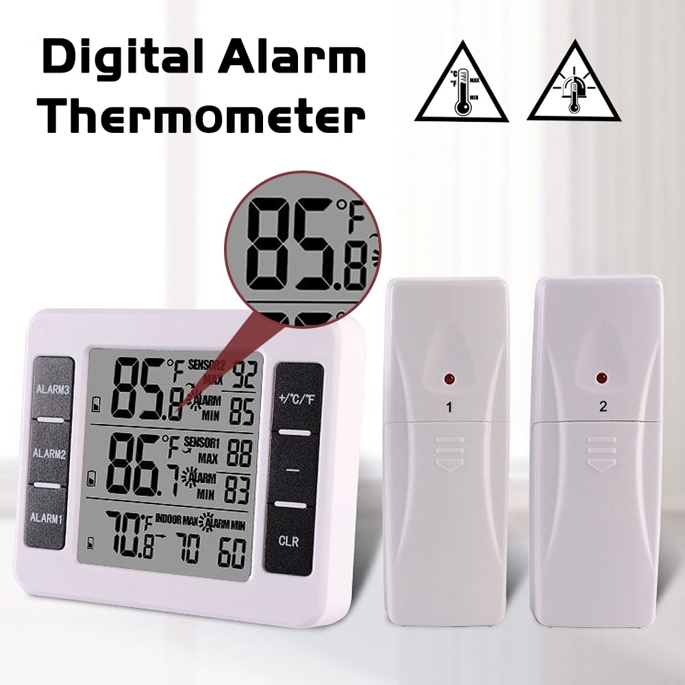 Wireless Digital Freezer Thermometer 2PC Sensor Indoor Outdoor Audible Alarm 