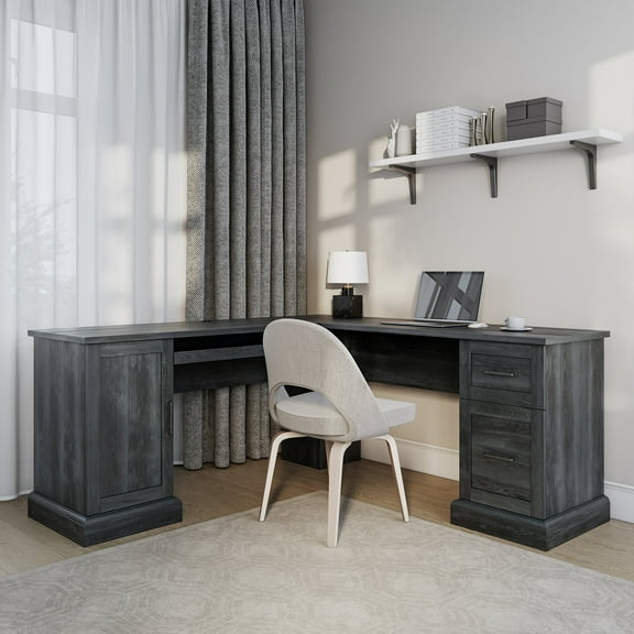 BELLEZE Modern Corner L-Shaped Home Office Computer Laptop Desk or Writing Study Workstation with Keyboard Tray, Two Drawers and Cabinet - Barlow (Rustic Gray)