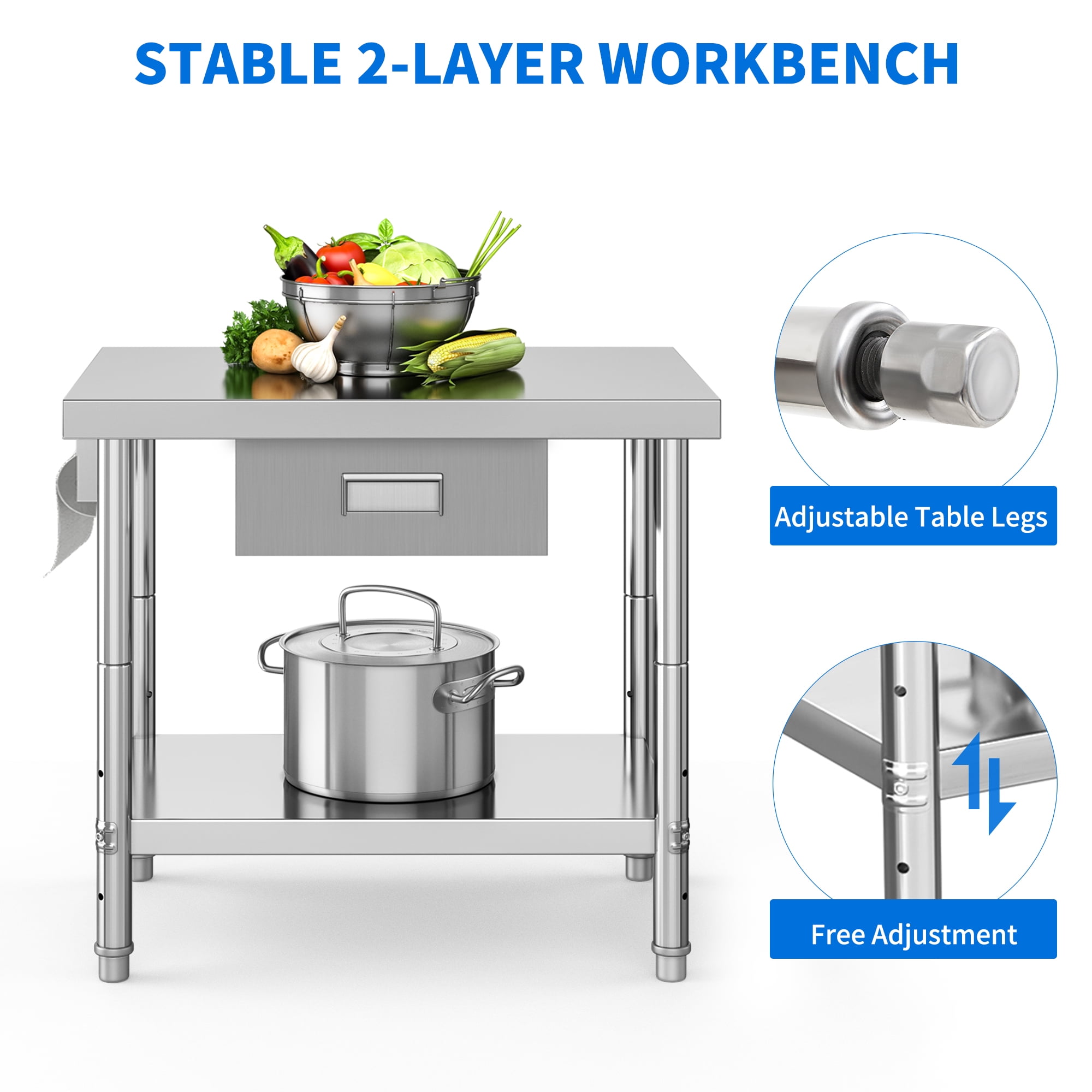Dextrus 48" × 24" Stainless Steel Table with 2 Drawers, Work Table with Drawer
