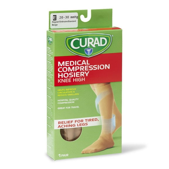CURAD Knee-High Compression Hosiery with 20-30 mmHg, Tan, Size E, Regular Length, 1 Pair