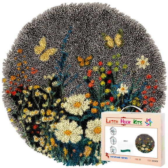 Latch Hook Rug Kit Wild Flowers and Butterflies Stamped Handmade Round Shape Carpet Crochet Yarn Craft DIY Hook and Latch Door Mat Tapestry for Christmas Home Floor Decor 50x50cm(7)