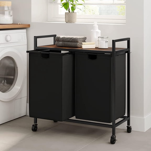 Double Laundry Hamper with Lid,Rolling Laundry Basket Organizer with Wheels, Iron-Made Laundry Sorter with Top Shelf and 2 Removable Bags,Large Clothes Storage for Room,Black 1