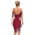 thumbnail image 2 of SiiRoh Women's Glittery Latin Dance Dress Asymmetrical Tassel Mini Dress Rumba Salsa Ballroom Dancewear Burgundy L, 2 of 5