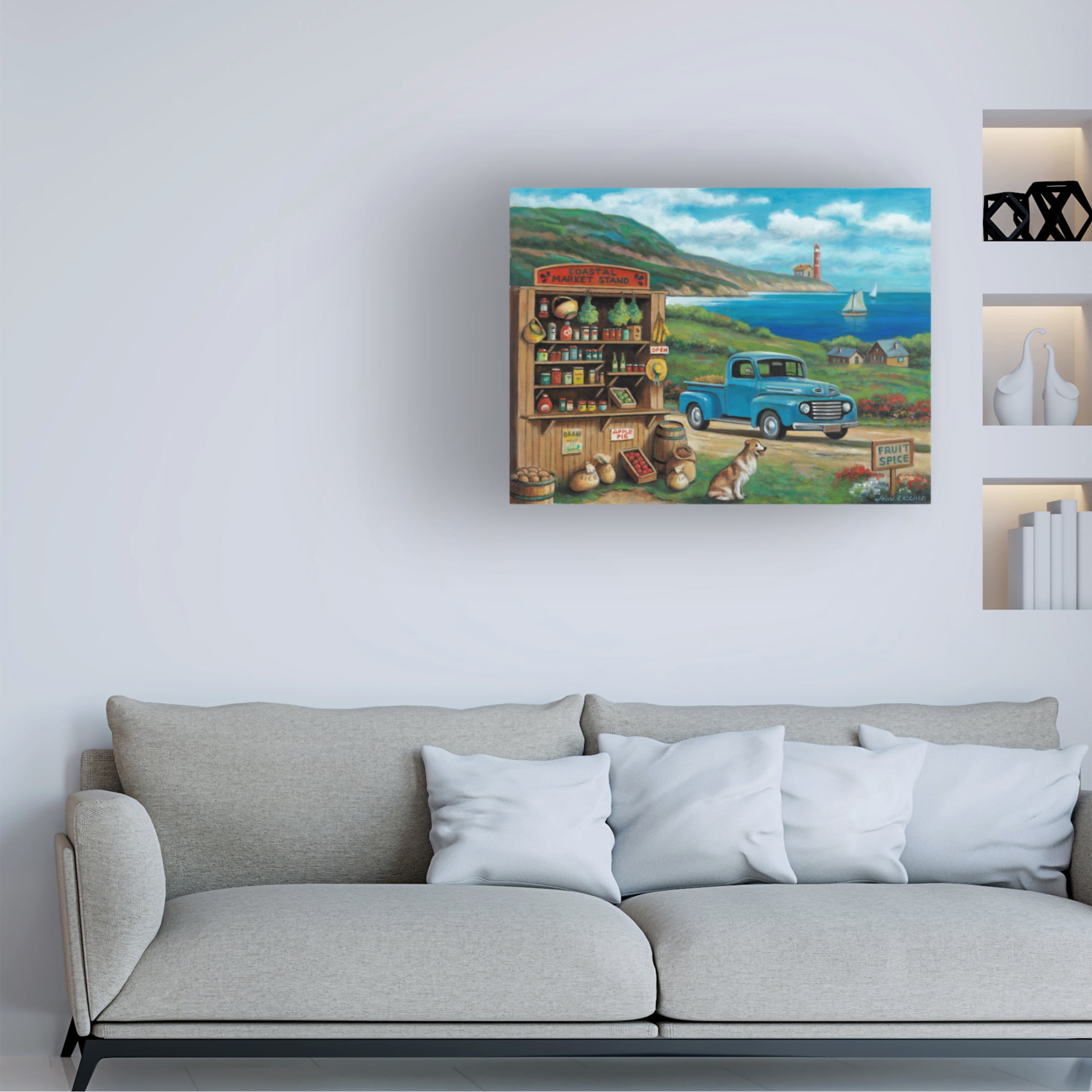 Canvas Wall Art - John Zaccheo 'Coastal Market Stand' Wall Art for Living Room, Bedroom, or Office Décor by Trademark Fine Art - 32 x 24 Inches