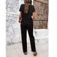 thumbnail image 4 of Women's Linen Pant Set 2 Piece Summer Tie Waist Matching Outfit Crochet Short Sleeve Shirt Pants Suits Casual Soft Fashion Straight Leg Black Small, 4 of 5