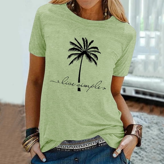 Womens Graphic T-shirts Short Sleeve Crewneck Palm Tree Print Tee Beach Hawaiian Summer Tops Green L