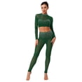 thumbnail image 4 of Mufeng Womens dance 2 Pieces Mesh Rhinestone Crop Tops Shirts Bodycon Pants Jazz Latin Dance Outfits Dark Green L, 4 of 6