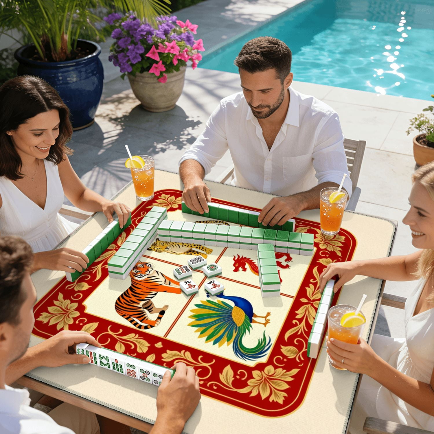 Mahjong Mat 31.5" x 31.5" Vintage Chinese Zodiac Animals Tiger Leopard Peacock Dragon Non-Slip Noise Reduction American Mahjong Tiles Table Cover for Dominoes Poker Card Board Games Gift