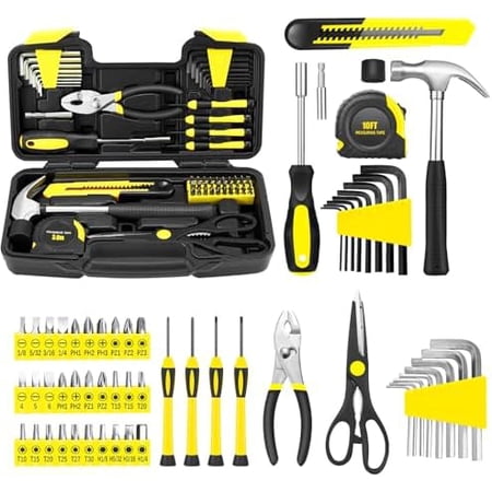 58-Piece Household Tool Set Yellow Hand Kit With Storage Case | General Hand Tool Kit Storage Toolbox for College Dormitory Use Home Repair DIY Furniture Setup Crafting Daily Fixes