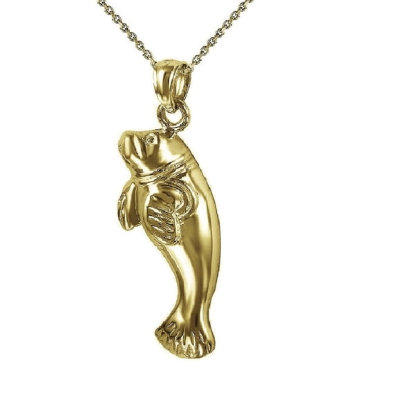 925 Sterling Silver Yellow Gold Plated 1mm Cable Chain Necklace w/ Manatee Pendant